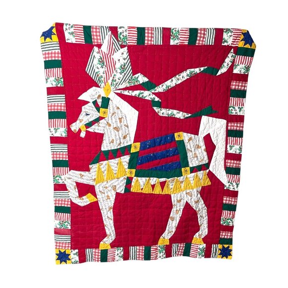 Vintage Handmade Patchwork Quilt with Horse Design & Festive Print Wall Hanging - Picture 6 of 6